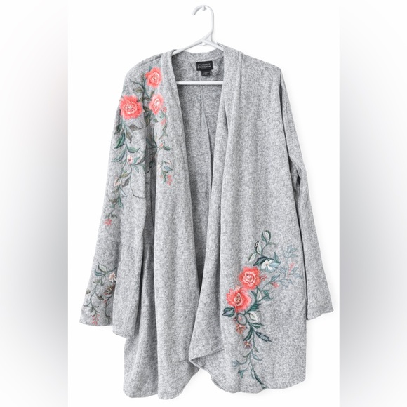 INC International Concepts Sweaters - International Concepts Embroidered Floral Cardigan XL Gray Open Front